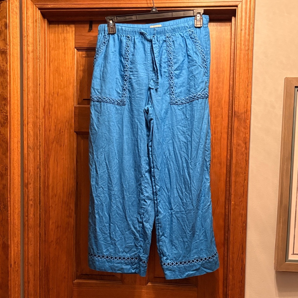 Blue Drawstring Wide-Leg Pants with Crochet Trim